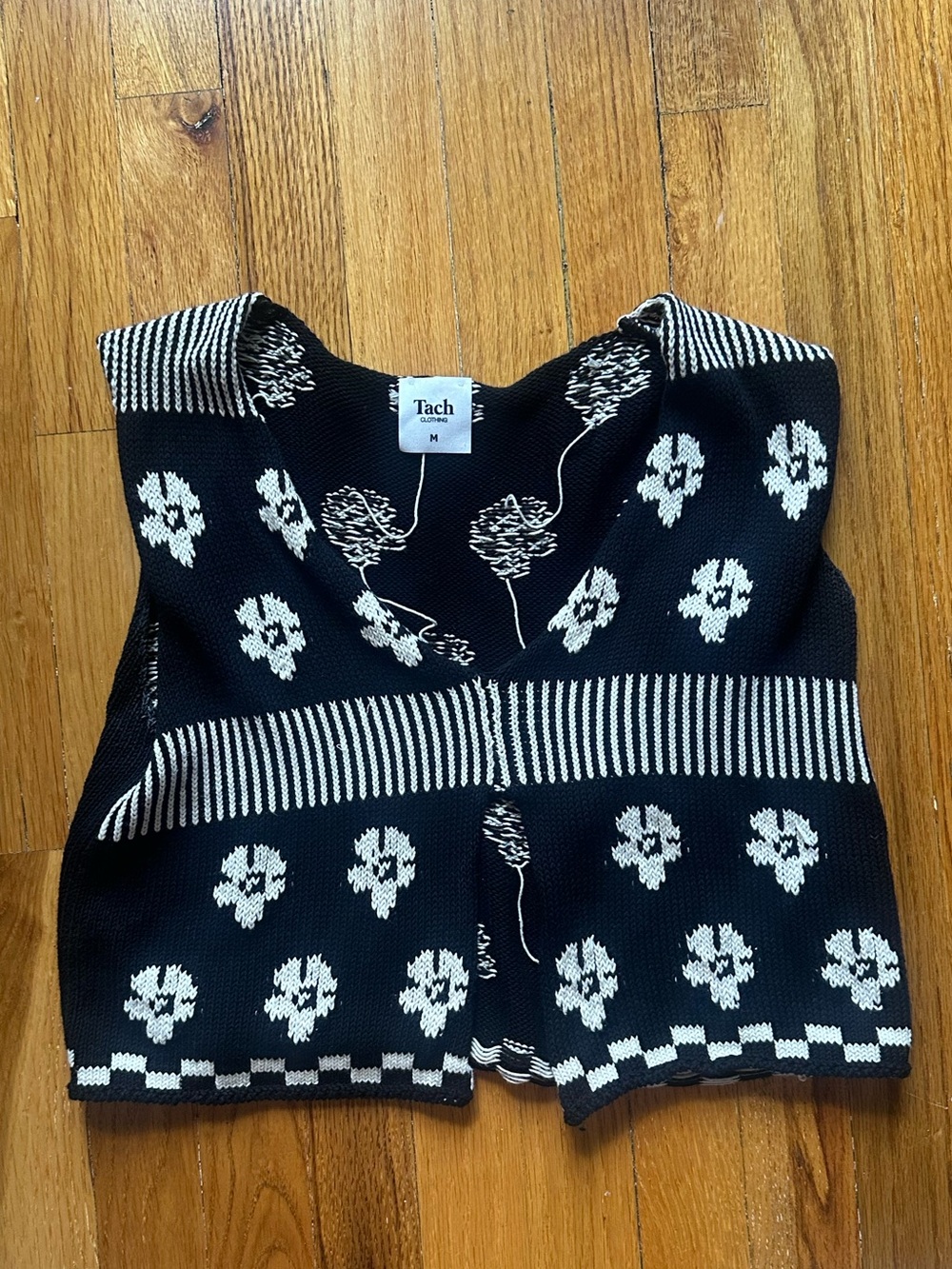 TACH Black Knit Vest with Cream Floral Motif